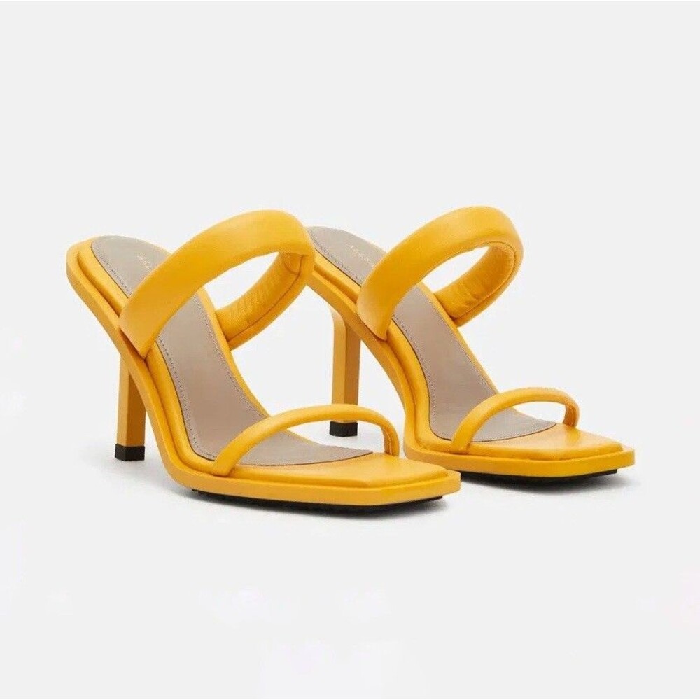 All Saints Ava Square Toe Slip-On Leather Heeled Sandals in Yellow Size 38 7.5